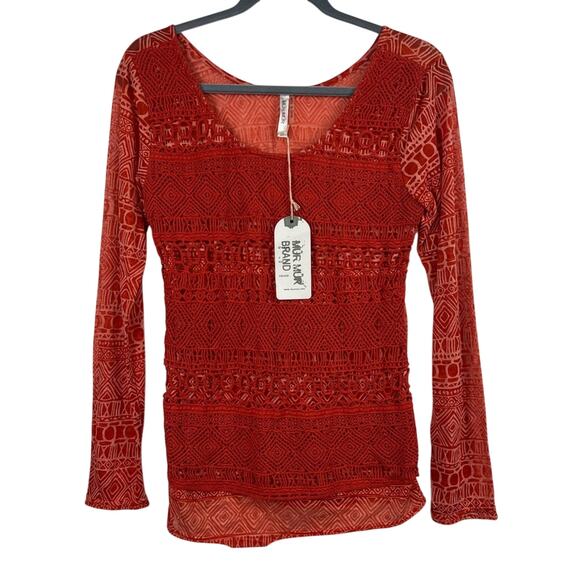 Mur Mur Brand New Orange Tribal Print Crochet Top Size M Y2K Boho Cottage Hippie - Picture 1 of 11